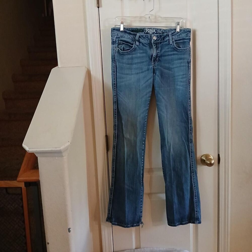 Y2K Style Wrangler Rock 47 Ultra Low Rise Distressed Denim Flare Jeans 7 Indie